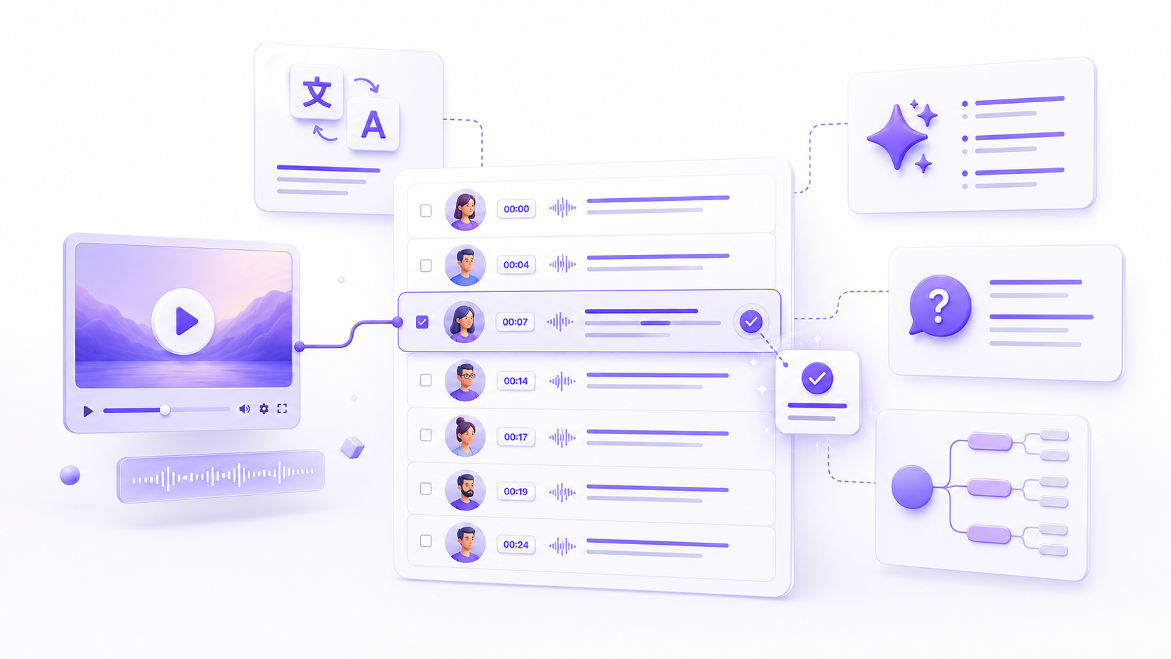 AI transcription review with playback, translation, summary, Ask AI and mind map tools