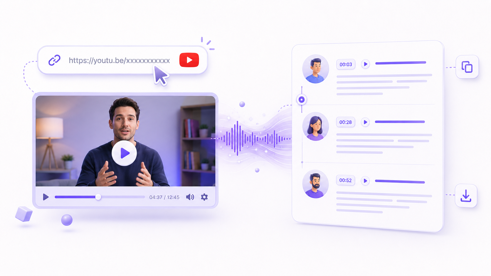 AI workflow for turning a YouTube video link into a timestamped transcript