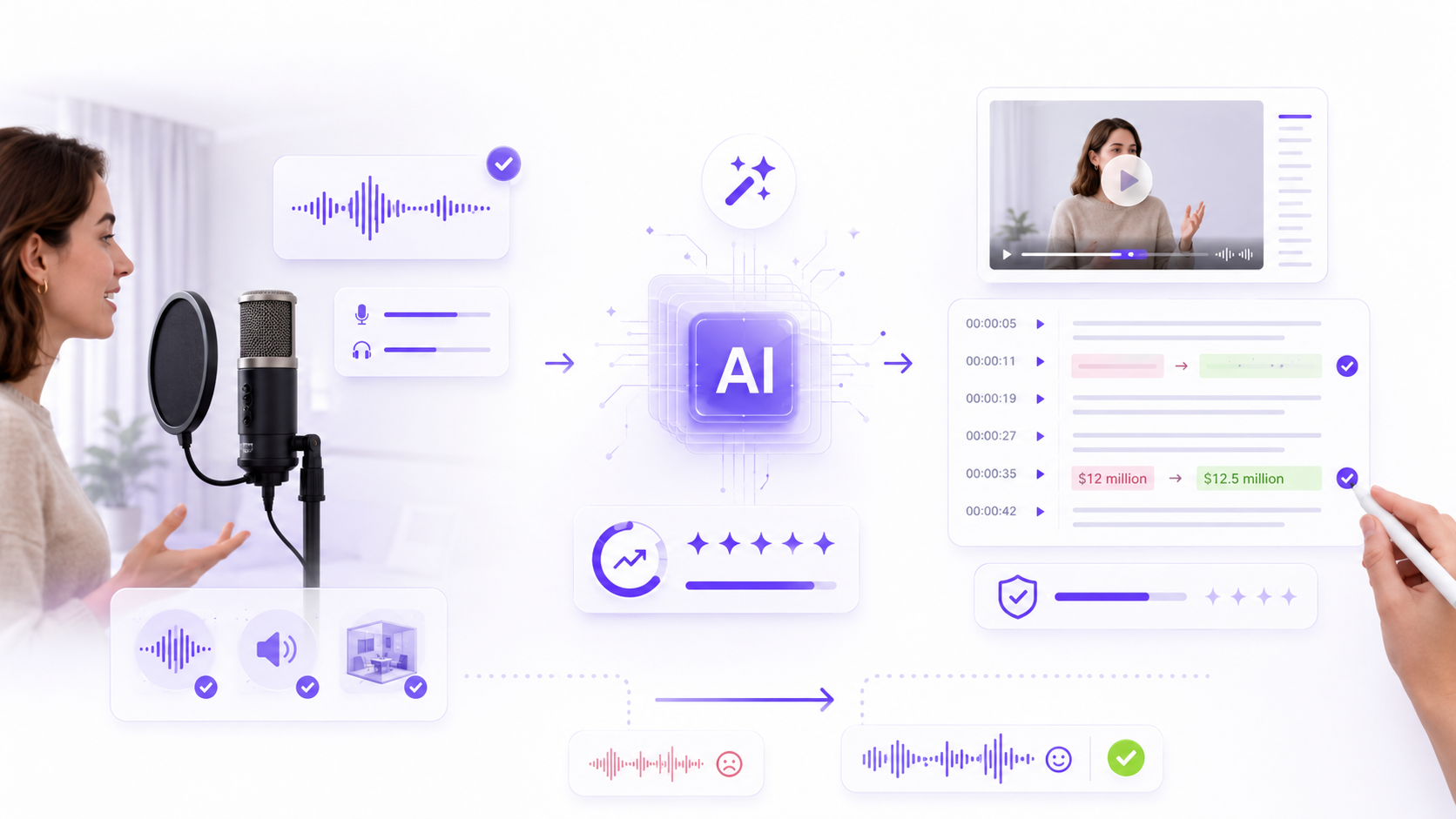 Clean audio and synchronised review improving AI transcription accuracy