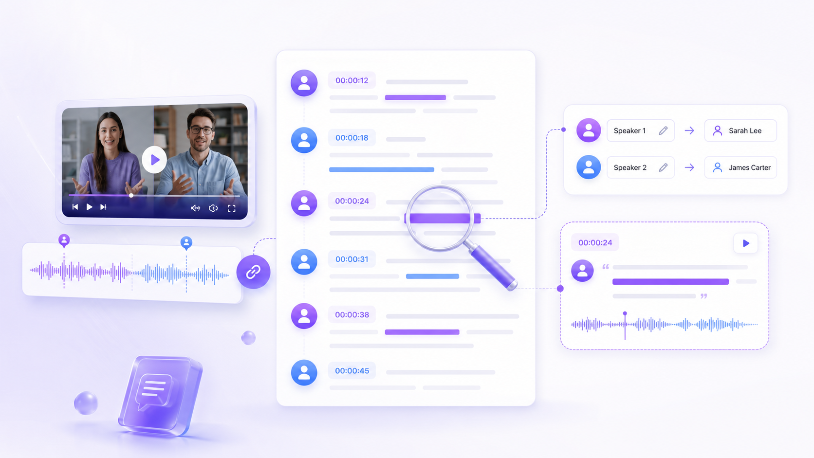 Timestamped video transcript preserving speakers, quotes and source context