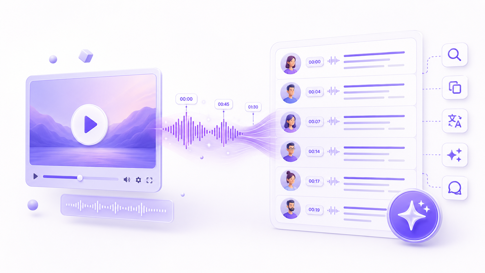 AI video transcriber converting a video into a searchable timestamped transcript